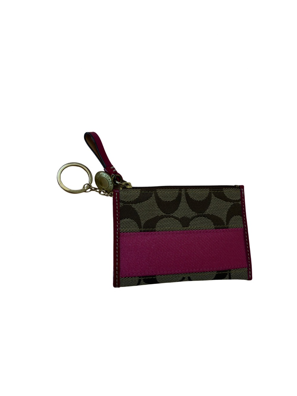 Coach Brown Signature Canvas Wallet with Pink Stripe